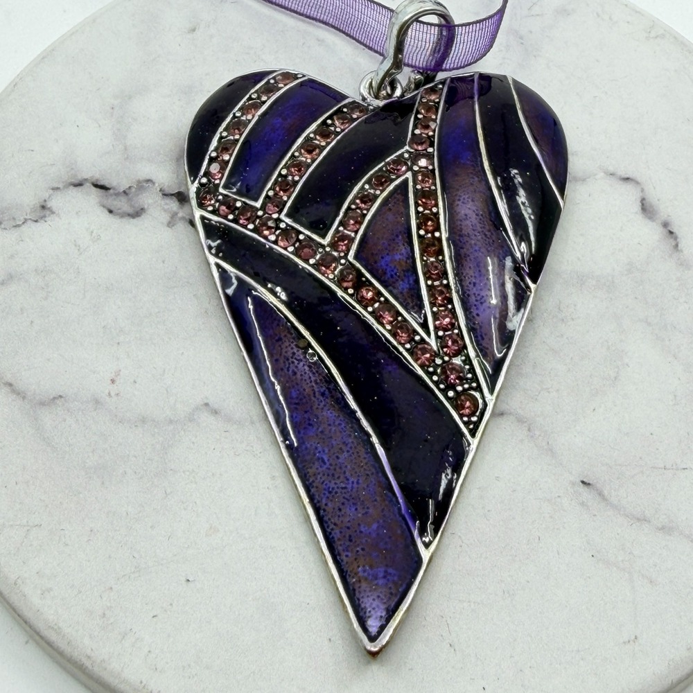 Purple Enamel Heart Pendant Necklace Pink Rhinestone Ribbon Cord Statement Gift